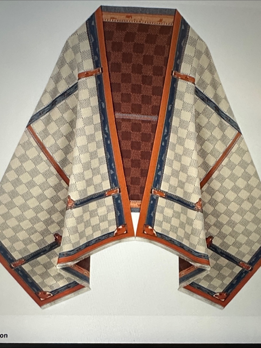 Checkerboard Knit Shawl Wrap in Cream, Brown & Navy